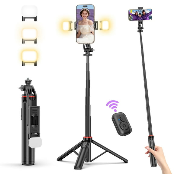 SelfieShow Selfie Stick, 52'' Extendable Selfie Pole Tripod with Remote Control and Fill Light, 360° Rotating Portable Travel Tripod, Compatible with iPhone and Android
