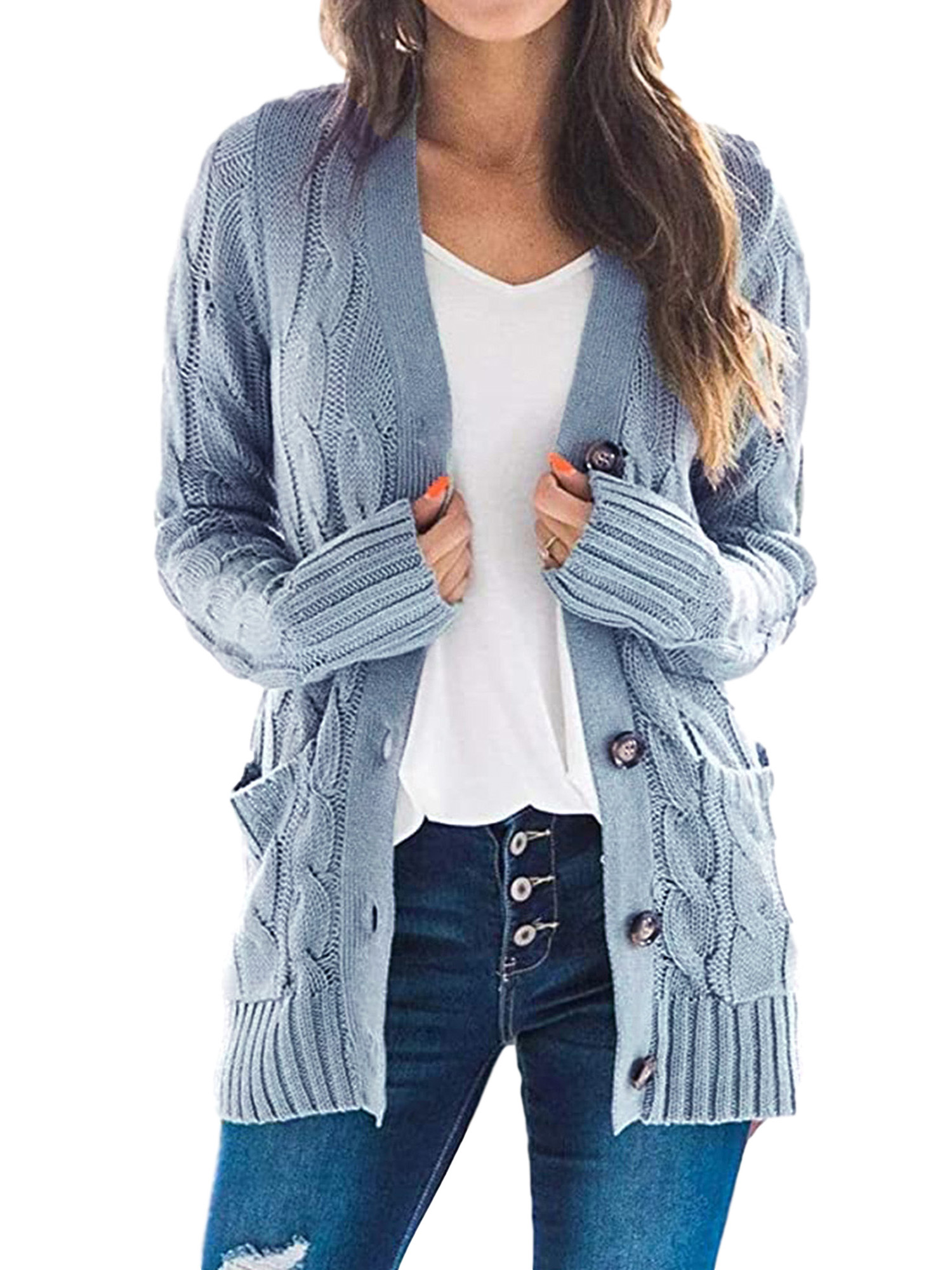 Selfieee Women's Button Down Long Sleeve V Neck Cotton Cable Knit Cropped  Cardigan Sweater Coat 20352 Light Blue Medium