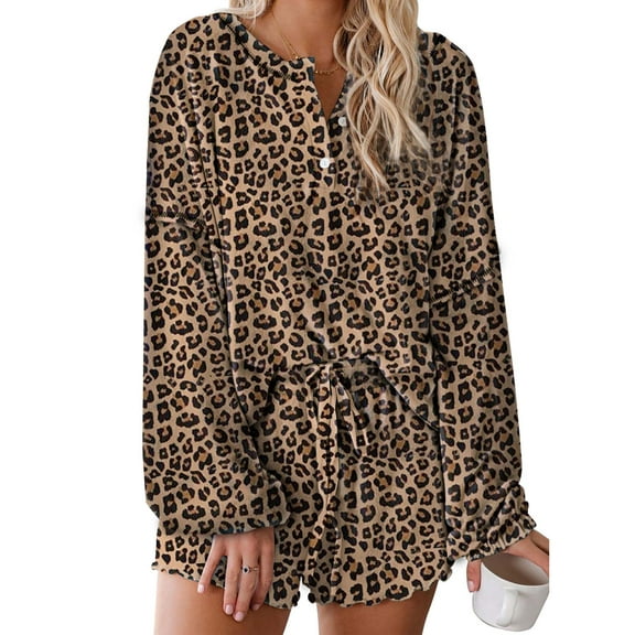Selfieee Women's Leopard Printed Pajamas Set Long Sleeve Tee with Botton and Shorts 30002 Leopard Large