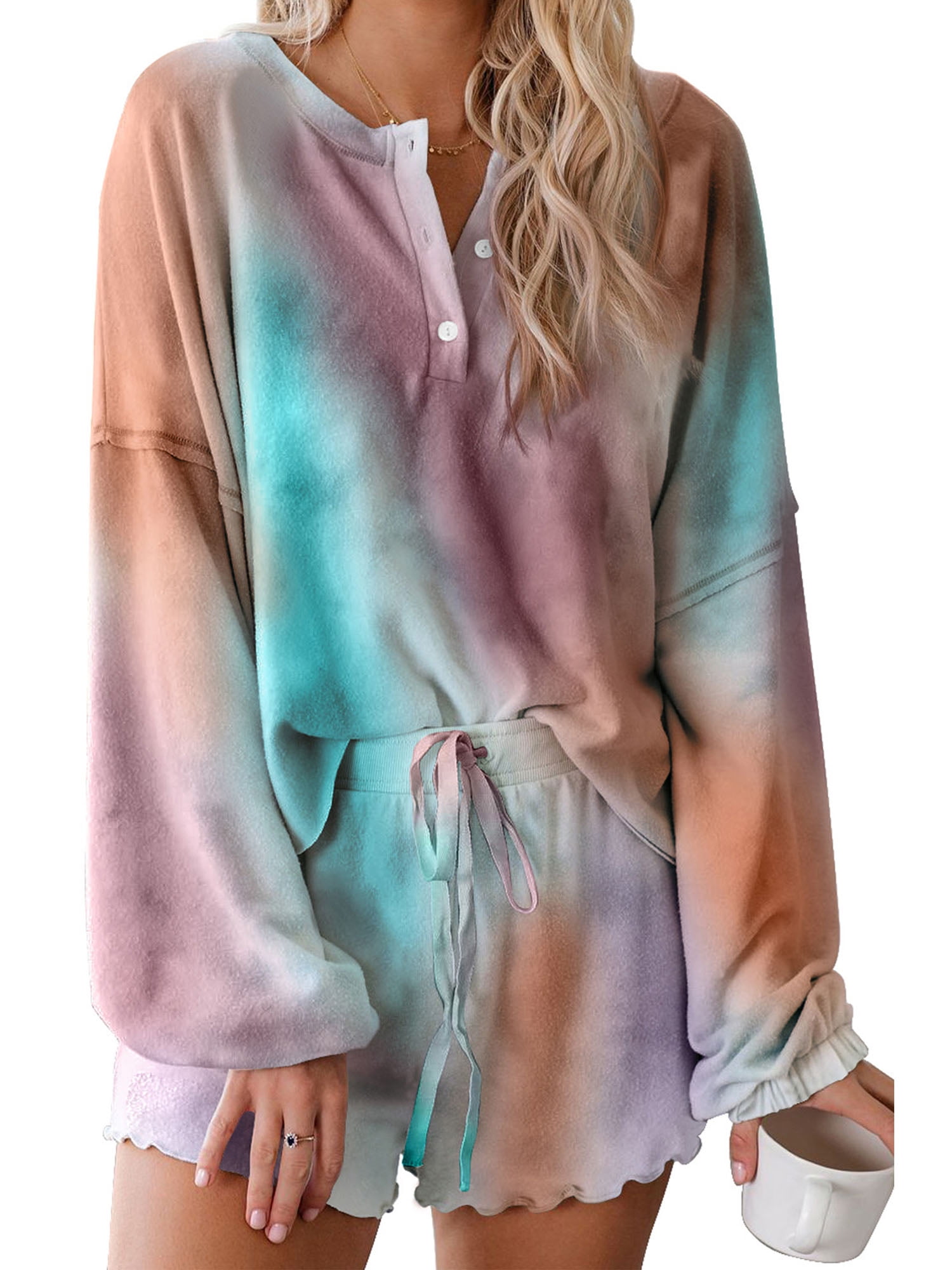 Selfieee Women's Tie Dye Loungewear Pajama Sets Drawstring Shorts and Shirts 30002 Green Medium