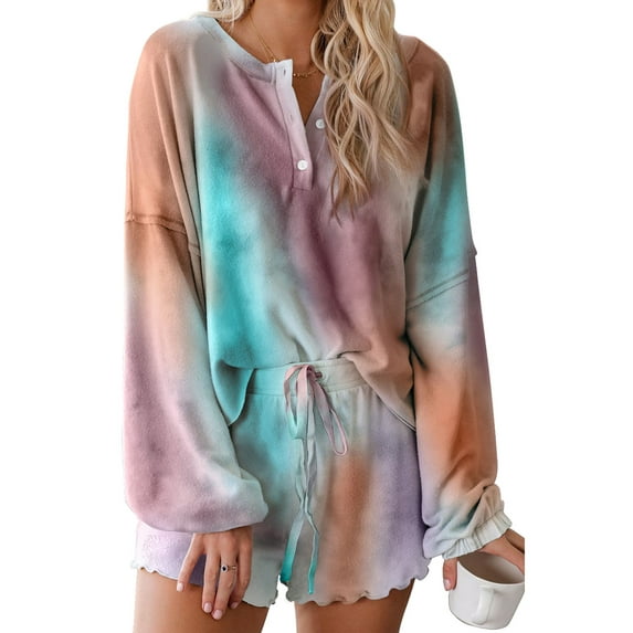 Selfieee Women's Tie Dye Loungewear Pajama Sets Drawstring Shorts and Shirts 30002 Green Medium