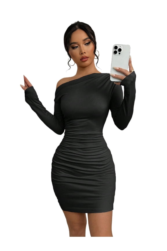 Selianne Long Sleeve Asymmetric Ruched Slim Fit Casual Dress, Spring & Autumn , Brown Fall Cloth For Women