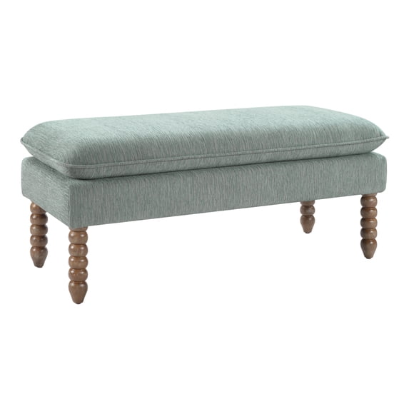 Selina Pillow Top Bench in Mist Green Fabric Rustic Brown Finish Spindle Legs