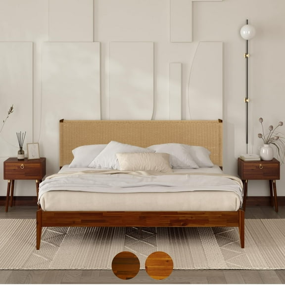 Selina Wood Platform Bed Frame - Handcrafted Paper Cord Unique Headboard - No Box Spring Needed - 12 Strong Wood Slats Support - Easy Assembly - King, Dark Chocolate