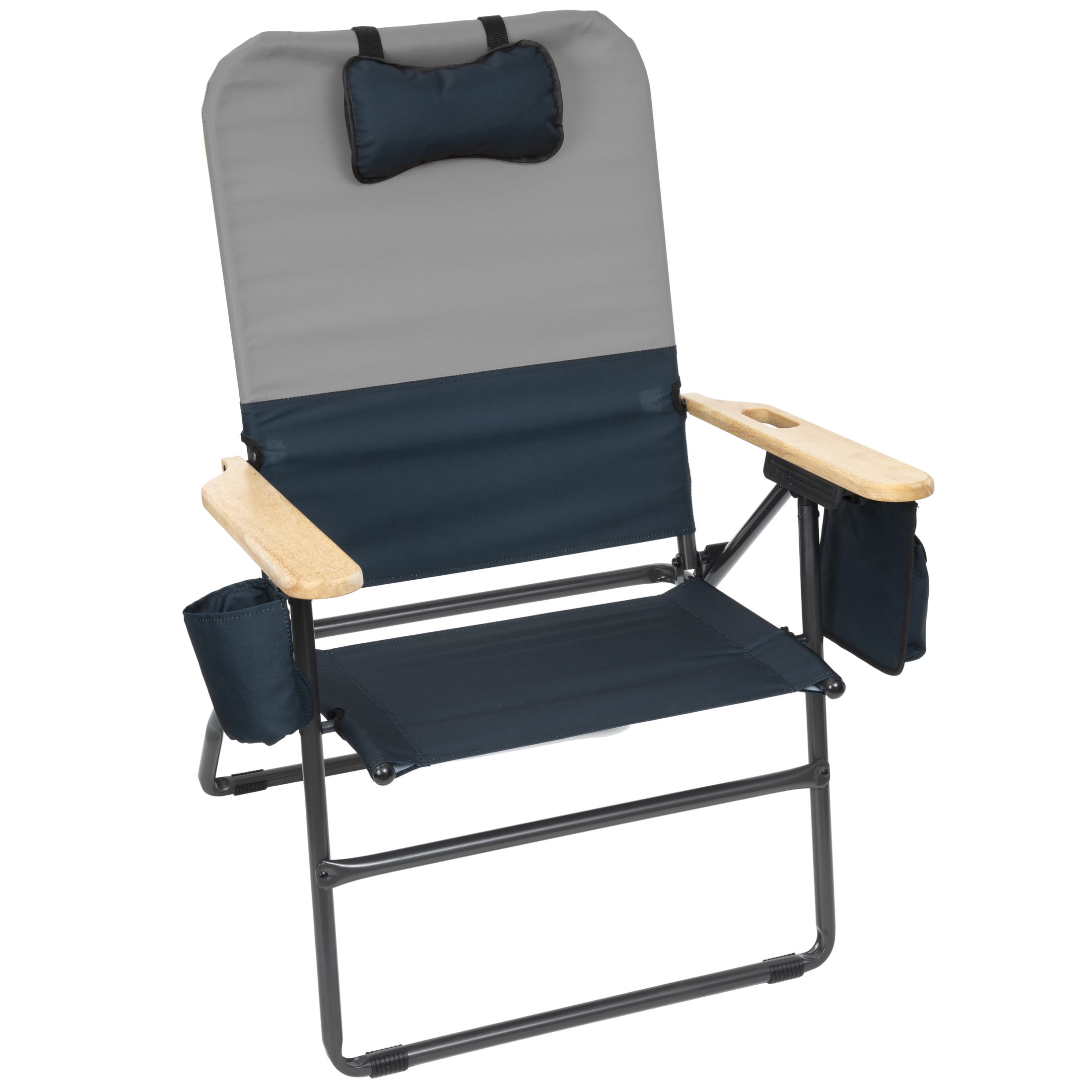 Gray and Black Folding Camping Chair with Wooden Armrests