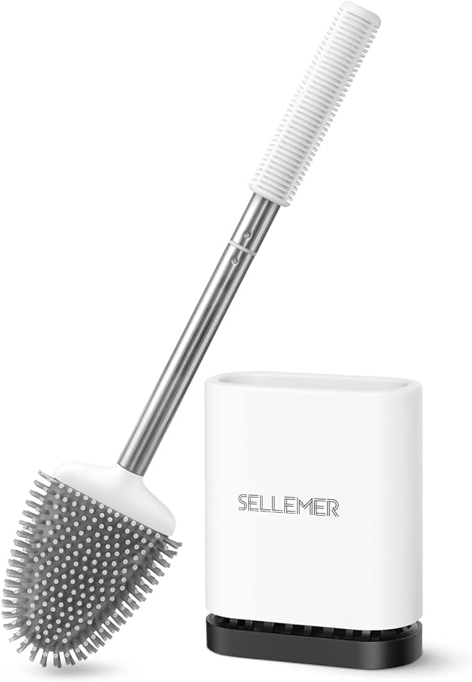 Compact White and Silver Silicone Toilet Brush with Holder
