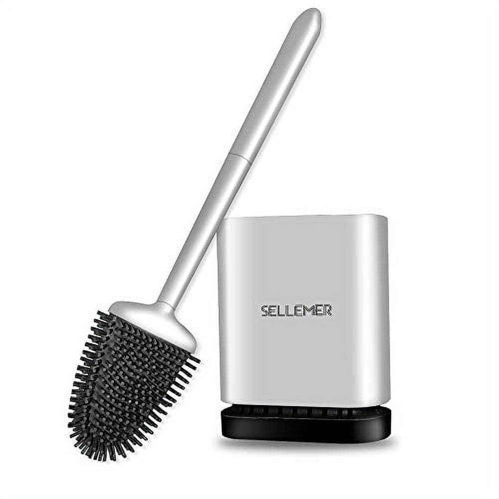 Compact White and Silver Silicone Toilet Brush with Holder