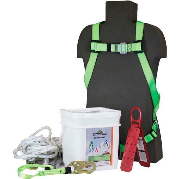 Sellstrom Manufacturing B2347961 PeakWorks RK6-50 Roofers Fall Protection Kit - Harness - 3 ft. Shock Absorbing Lanyard - 50 ft. Lifeline - White