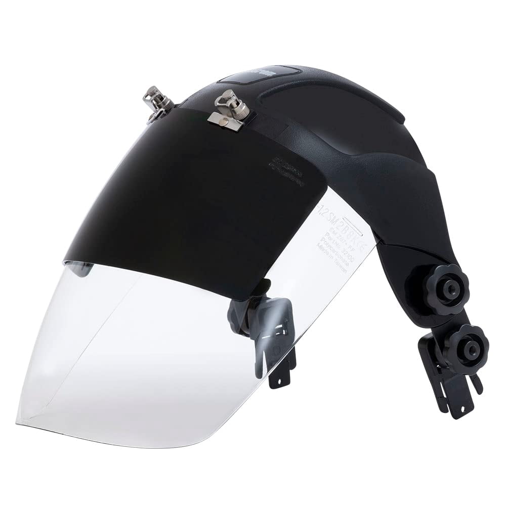 Sellstrom Plasma/Flame Cutting, Grinding Safety Face Shield, Universal Slot Adapter, Clear Anti-Fog Polycarbonate Window, Shade 5 UV/IR Flip Front Visor, Black, S32152 CA2