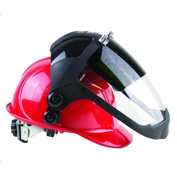 Sellstrom Face Shield - DP4 Series - 9" x 12.125" x 0.060" Window - Clear AF with Shade 5 IR Flip Visor - Universal Hard Hat Slot Adaptor Headgear - with Chin Guard