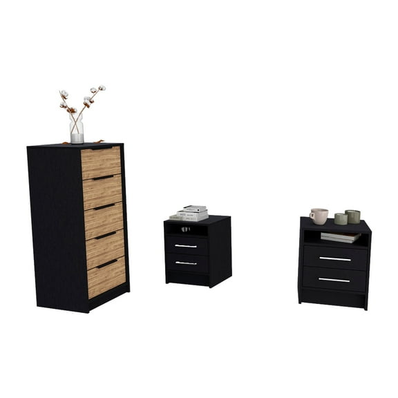 Selma 3 Piece Bedroom Set, Kaia 5 Drawer Dresser + 2 Eter Nightstands, Black / Pine