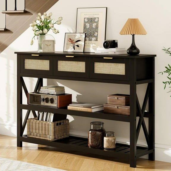 Selooye 47.2" Modern Console Table with 3 Rattan Drawers, Entryway Table with 3-Tier Storage Shelves, Narrow Long Sofa Table for Entryway, Hallway, Foyer and Living Room, Black