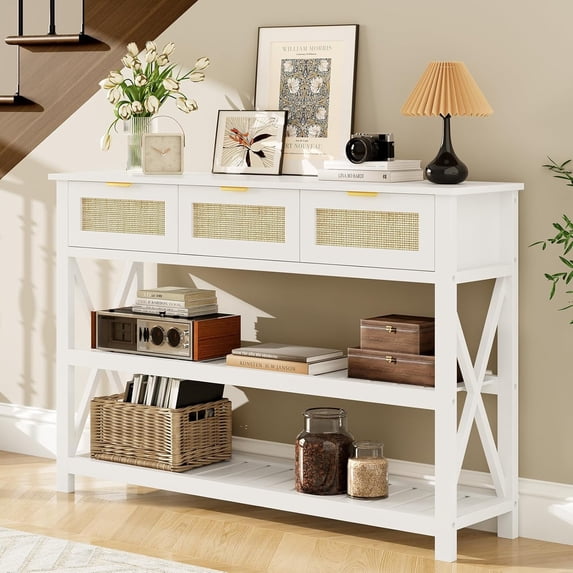 Selooye 47.2" Modern Console Table with 3 Rattan Drawers, Entryway Table with 3-Tier Storage Shelves, Narrow Long Sofa Table for Entryway, Hallway, Foyer and Living Room, White