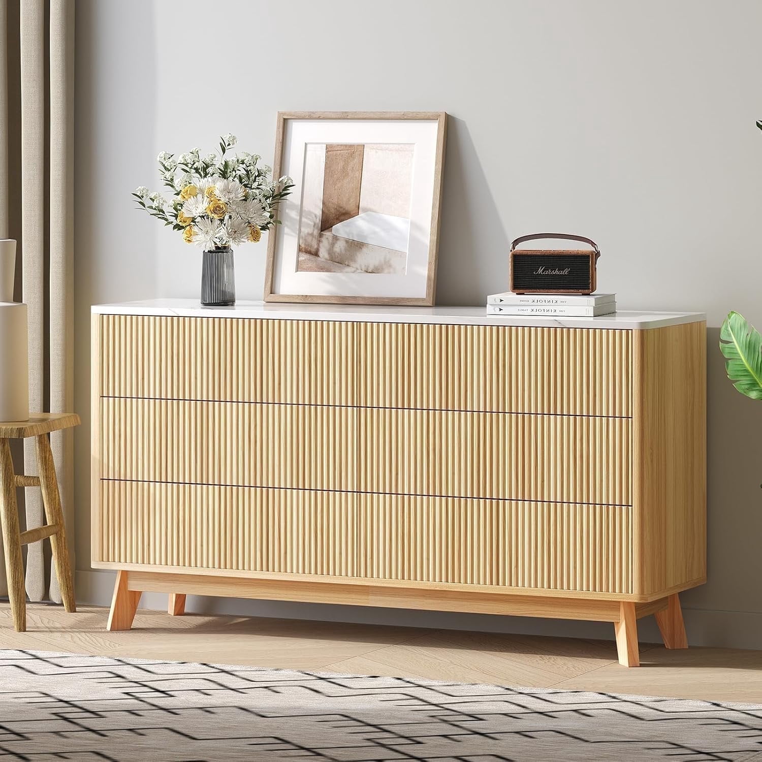 Selooye 6 Drawers Dresser for Bedroom, 52" Wide Handleless Chest of Drawers with Faux Marble Top, Wooden Dresser TV Stand, Wood Drawer Organizer for Living Room, Hallway, Natural Oak