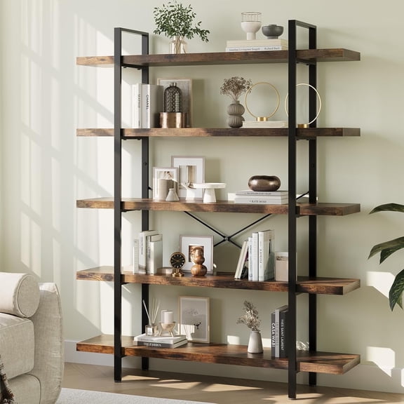 Selooye Bookshelf, 5 Tier Book Shelf 70Inch Tall Bookcase, Industrial Large Bookshelves Rustic Book Case with Open Metal Frame for Office, Bedroom, Farmhouse, Living Room