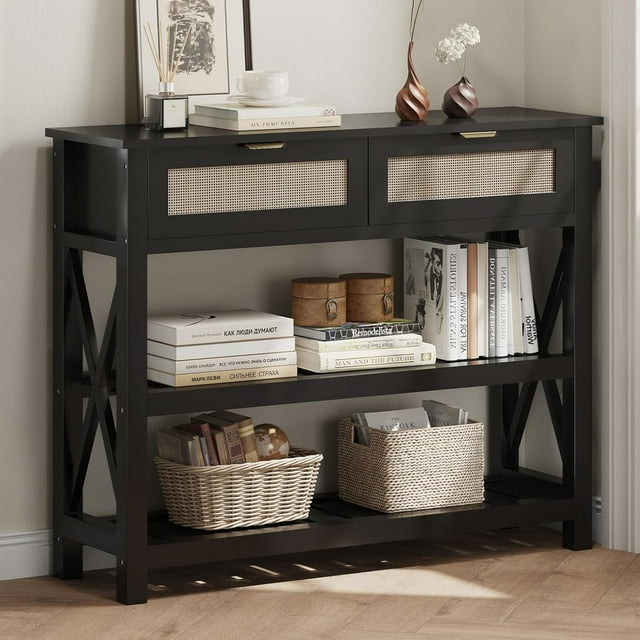 Selooye Console Table with 2 Rattan Drawers, Entryway Table with 3-Tier Storage Shelves, Narrow Long Sofa Table for Entryway, Hallway, Foyer and Living Room, Black