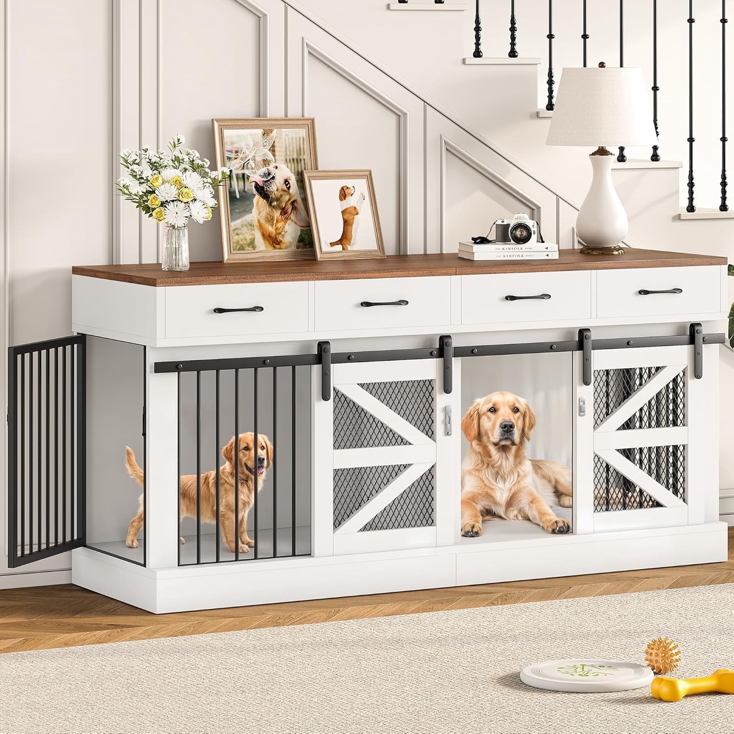 Selooye Extra Large Dog Crate Furniture for 2 Dogs, 71'' Dog Kennel Indoor with Removable Divider and 4 Storage Drawers, Sturdy Wooden Dog Crate TV Stand with 4 Doors for Large Medium Small Dogs