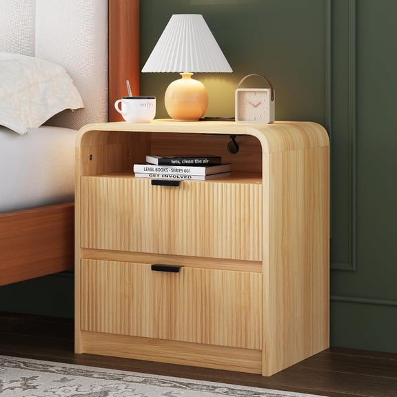 Selooye Fluted Nightstand with Charging Station, 24" Modern Side Table with 2 Drawers Storage, Bedside Table for Bedroom, Living Room, Curved Profile Design, Natural Oak