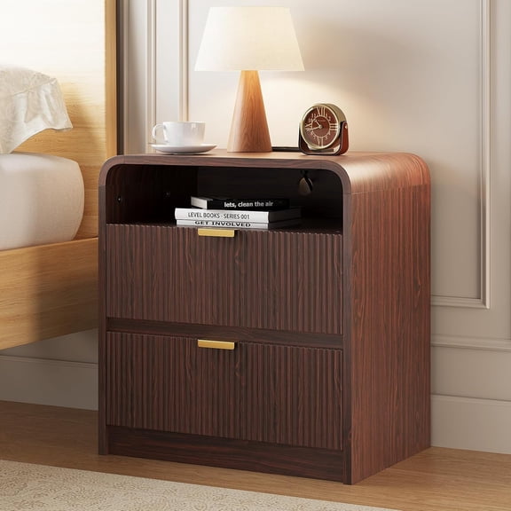 Selooye Fluted Nightstand with Charging Station, 24" Modern Side Table with 2 Drawers Storage, Bedside Table for Bedroom, Living Room, Curved Profile Design, Walnut