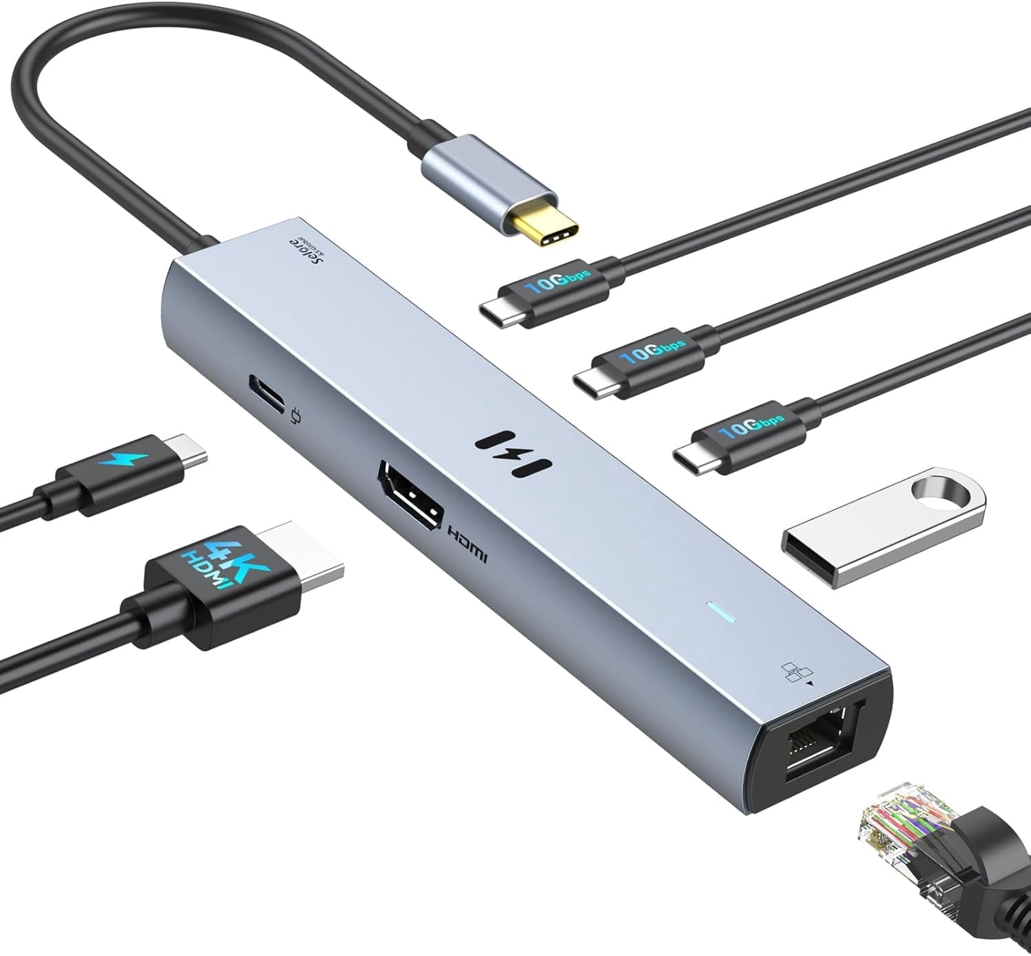 Selore 10Gbps USB C Hub Multiport Adapter, Ethernet Adapter with 4K@60Hz HDMI, Gigabit Ethernet, 3 USB C Ports, 100W PD, USBC Dongle for MacBook Pro Air, iPad, HP, Dell, etc