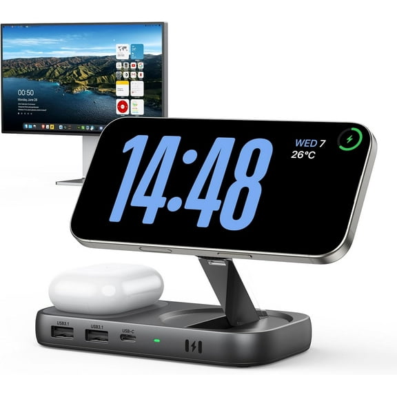 Selore USB C Hub with Wireless Charging for MacBook: 4K@60Hz HDMI, 100W PD, 15W Qi2 + 5W Wireless, 10Gbps Ports, iPhone Mirroring Docking Station & Magsafe Stand, Space-Saving Desk Organizer(Black)