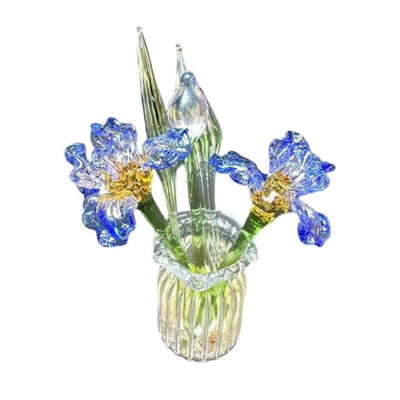 Selrti 1 Set Glass Flower Bouquet with Vase Hand-Blown Mini Flower Decoration Home Living Room Handmade Simulation Floral Ornament with Stem