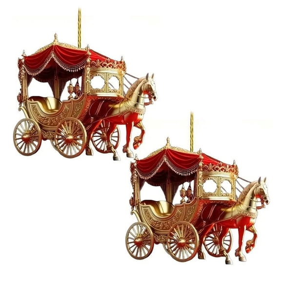 Selrti 2 Pcs Carriage Christmas Ornament Horse with Sleigh Carriage 2D Flat Acrylic Xmas Tree Ornament for Winter Home Decor