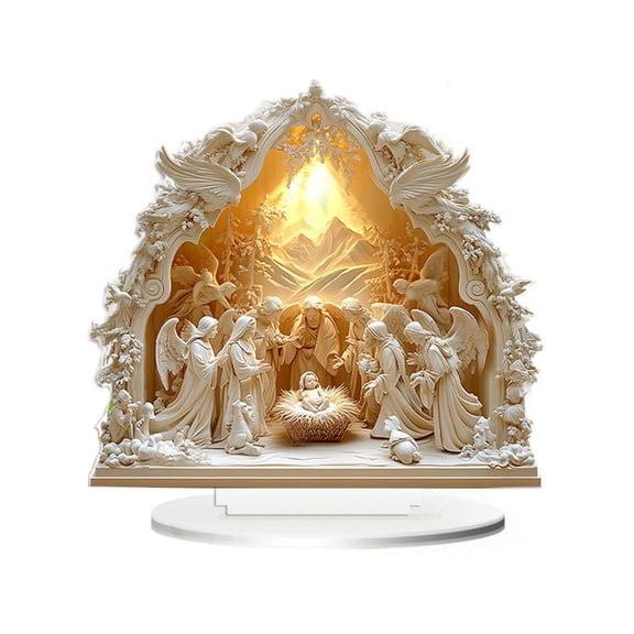 Selrti 2D Flat Christmas Nativity Ornament Jesus' Birth Scene Virgin Mary Angel Cartoon Print Christian Tabletop Centerpiece for Home Office Holiday Display