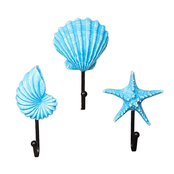 Selrti 3 Pcs Wall Hooks, Vintage Metal and Resin Seashell Coat Hooks for Bathroom, Kitchen and Entryway, Decorative Beach Theme Hanging Rack with Starfish and Conch, Home Decor Organiser