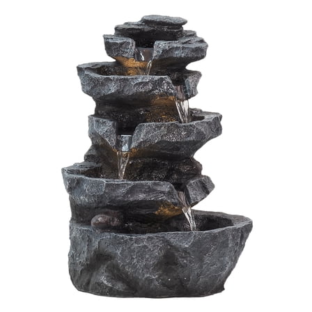 Selrti 5-Tiered Cascading Rock, 22" High Outdoor Garden Waterfall with LED Lights And Pump, Resin Water Fountain for Garden, Patio, Yard, Deck Decor