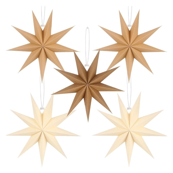 Selrti 5Pcs Star Lanterns 12-Inch Paper Christmas Ornaments 9 Pointed Hanging Lamp Lampshades Vintage Farmhouse Xmas Party Decorations