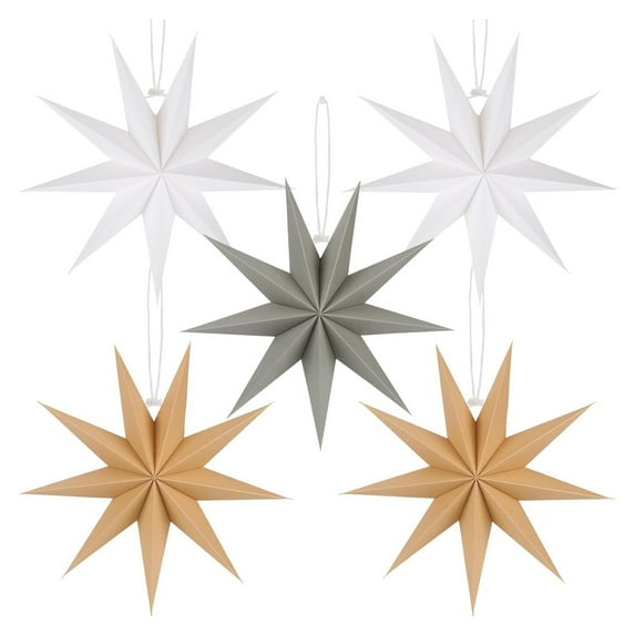 Selrti 5Pcs Star Lanterns 12-Inch Paper Christmas Ornaments 9 Pointed Hanging Lamp Lampshades Vintage Farmhouse Xmas Party Decorations