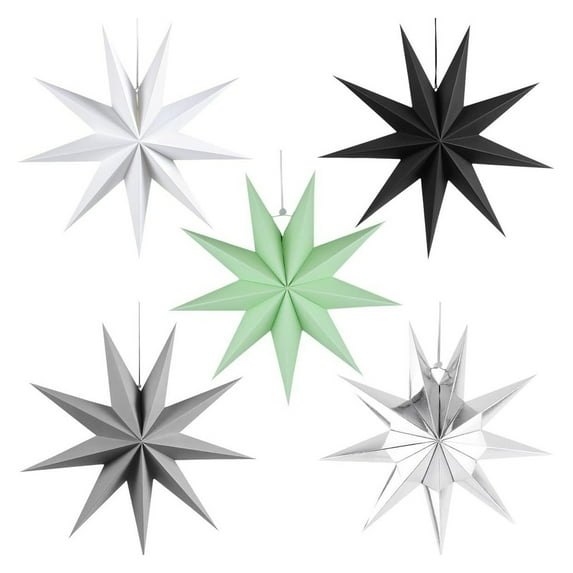 Selrti 5Pcs Star Lanterns 12-Inch Paper Christmas Ornaments 9 Pointed Hanging Lamp Lampshades Vintage Farmhouse Xmas Party Decorations