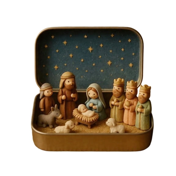 Selrti Miniature Christmas Nativity Set in A Tin Box Handcrafted Pocket Nativity Scene Gift Small Religiou Holy Family Ornament for Desk Shelf Office Travel Decor