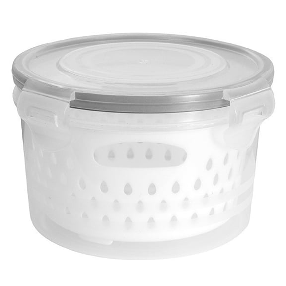 Selrti Round Fruit Vegetable Storage Container, 2-Layer Food-Grade PP Crisper with Drain Basket, Leak-Proof Sealed Box for Fridge Organization, Kitchen Storage