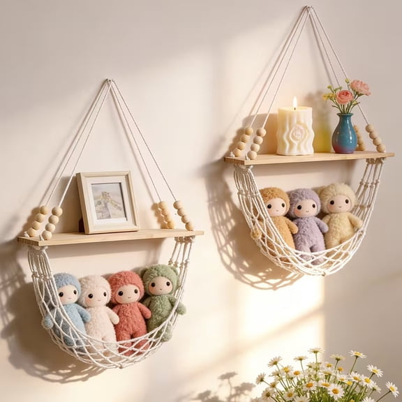 Selrti Rustic Wood Floating Shelf, Wall Mounted Hanging Storage Organizer, Decorative Hand Woven Mesh Bag for Bedroom Nursery And Living Room