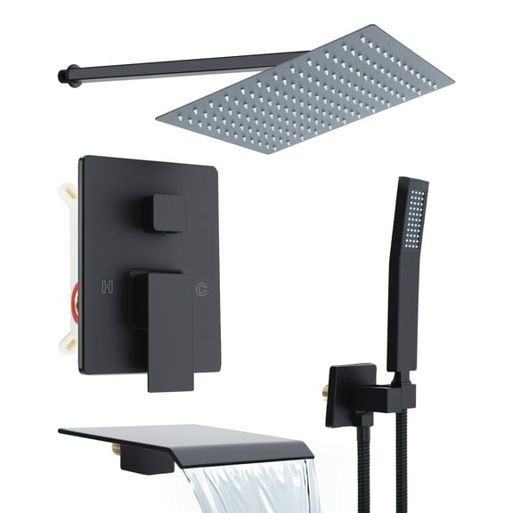 Selrti Shower Panel Tower System with Handheld Rotary Sprayer Head, Changeable Flow Setting Brass Rough-in Valve 10 Inch Large Shower Head, Wall Mounted Shower Panels System