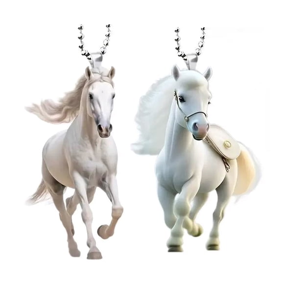 Selrti White Horse Christmas Ornaments 2D Flat Acrylic Running Horse Car Rear View Mirror Charm Auto Hanging Pendant for Holiday Home Tree Decor