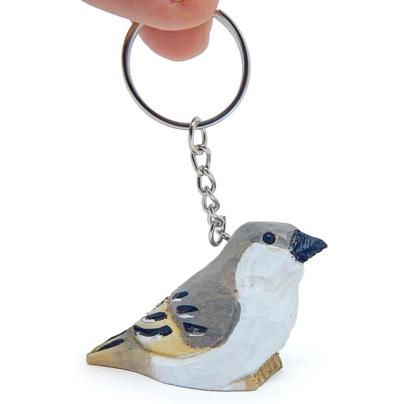 Selsela Mockingbird Keychain Ring Hook Clip Gray Bird Charm Miniature Wood Mini Figurine Small Animal