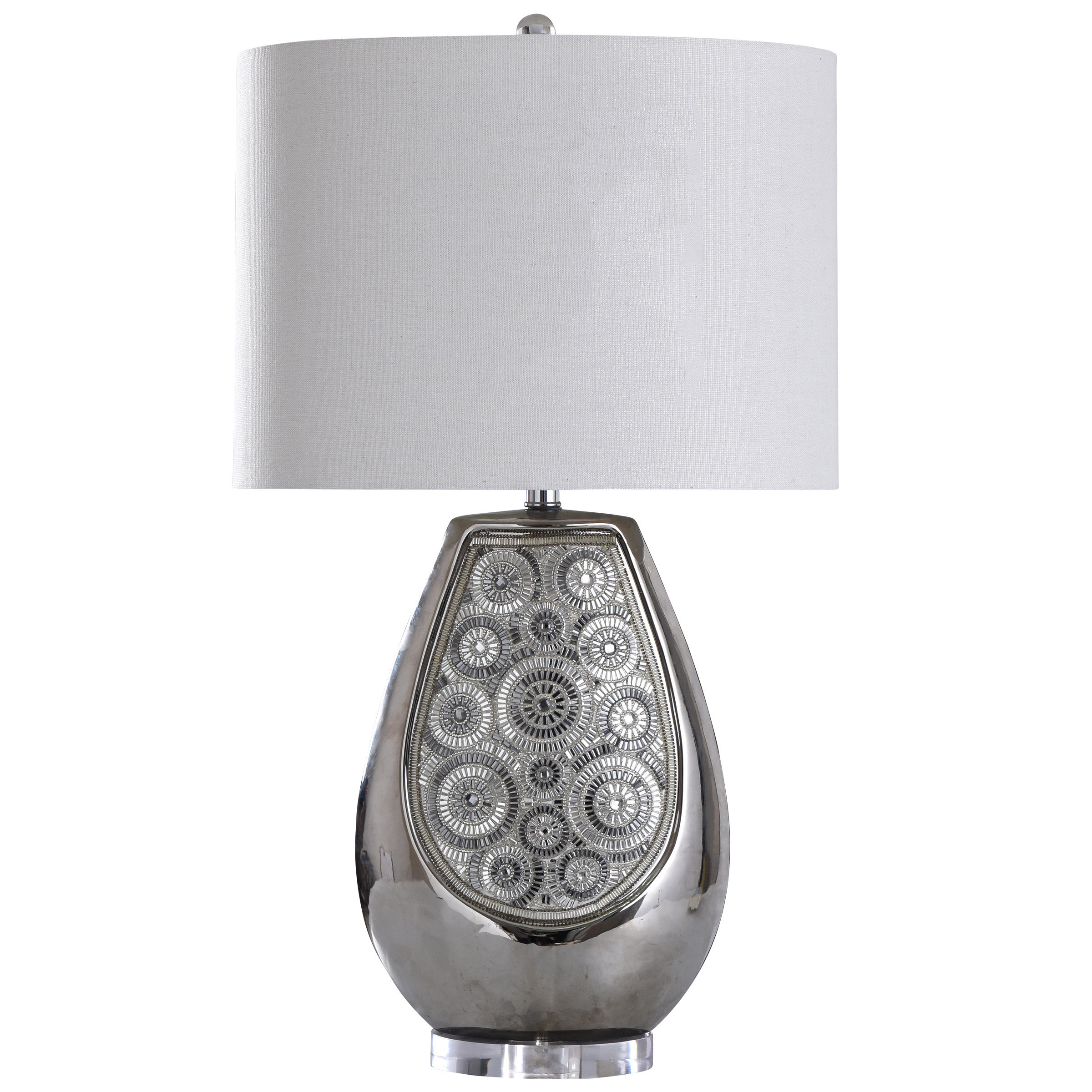 Selsey - Crystal Circular Design Ceramic Table Lamp with Round Acrylic Base and Drum Shade - Chrome, Clear Finish - Textured Off-White Fabric Shade