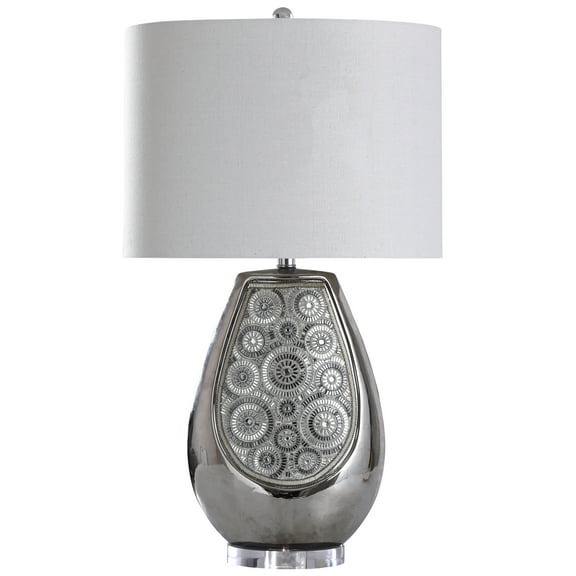 Selsey - Crystal Circular Design Ceramic Table Lamp with Round Acrylic Base and Drum Shade - Chrome, Clear Finish - Textured Off-White Fabric Shade