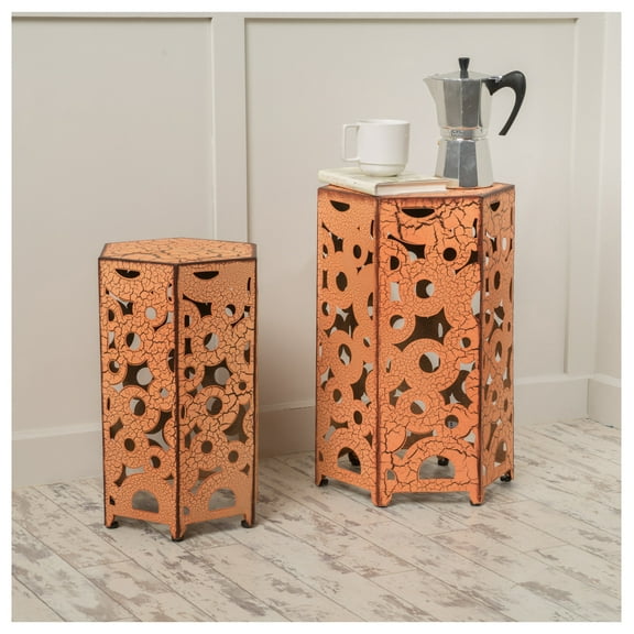 Selva Accent Tables Set of 2, Powder Coated Iron Side Tables, Fleur-de-Lis Design, Indoor Outdoor Living Room Decor, 14.25" x 12.5" & 12" x 10.5" Orange + Iron