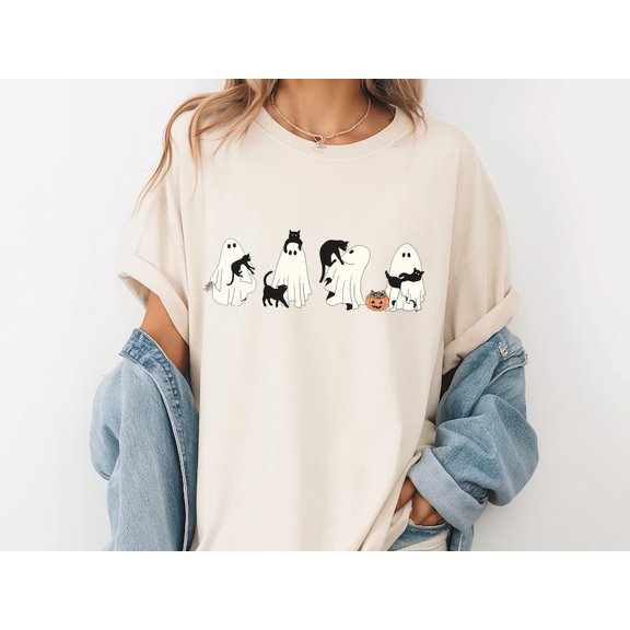 Selvi Black Cat and Ghost Graphic T-Shirt Spooky Season Cute Autumn Outfit Style, Full size S-5XL