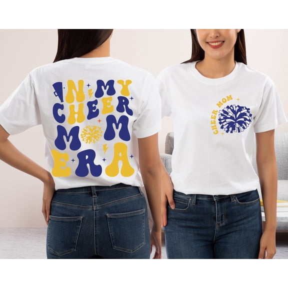 Selvi Cheer Mom Era Graphic T-Shirt Yellow Blue Mother’s Day Family Celebration Style, Full size S-5XL