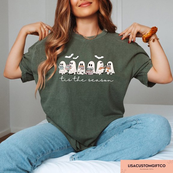 Velto Ghost Reading T-Shirt Spooky Book Lover Graphic Tee for Librarians and Teachers, Full Size S-5XL