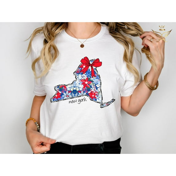 Selvi New York State Floral Graphic T-Shirt NYC Map Souvenir Travel Gift Style, Full size S-5XL