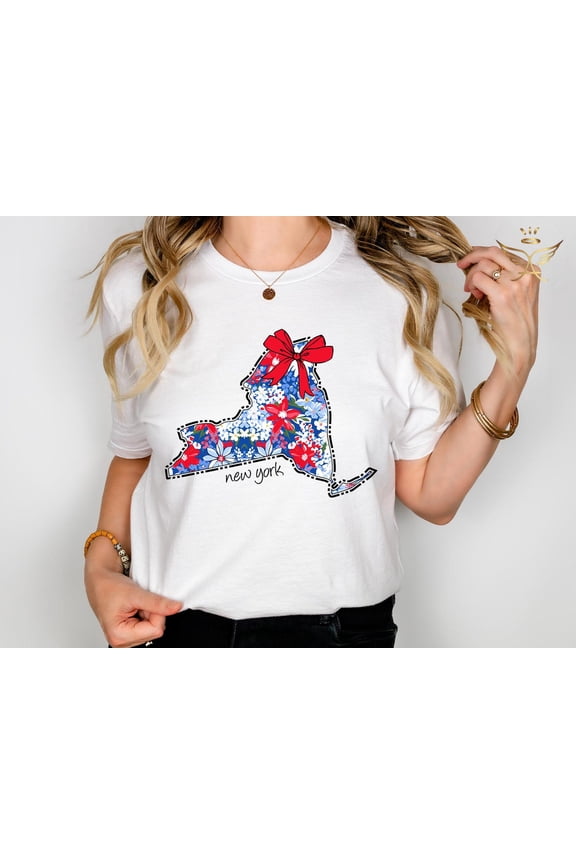 Selvi New York State Floral Graphic T-Shirt NYC Map Souvenir Travel Gift Style, Full size S-5XL