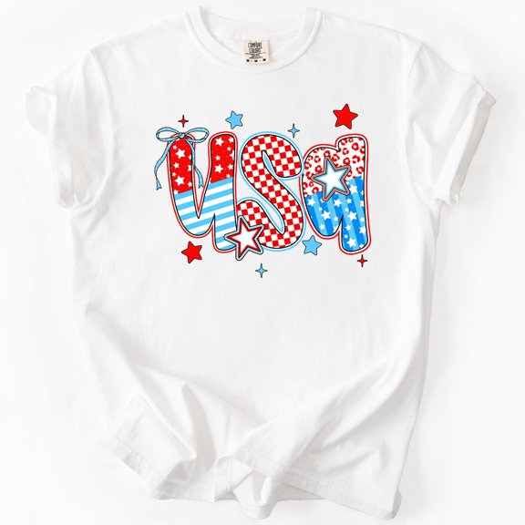 Selvi USA Patriotic Bow Pattern Graphic T-Shirt America 4th of July Style, Full size S-5XL
