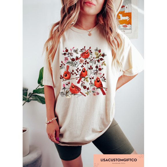 Selvi Wildflower Cardinal T-Shirt Cottagecore Nature Graphic Tee for Bird and Flower Lovers, Full size S-5XL