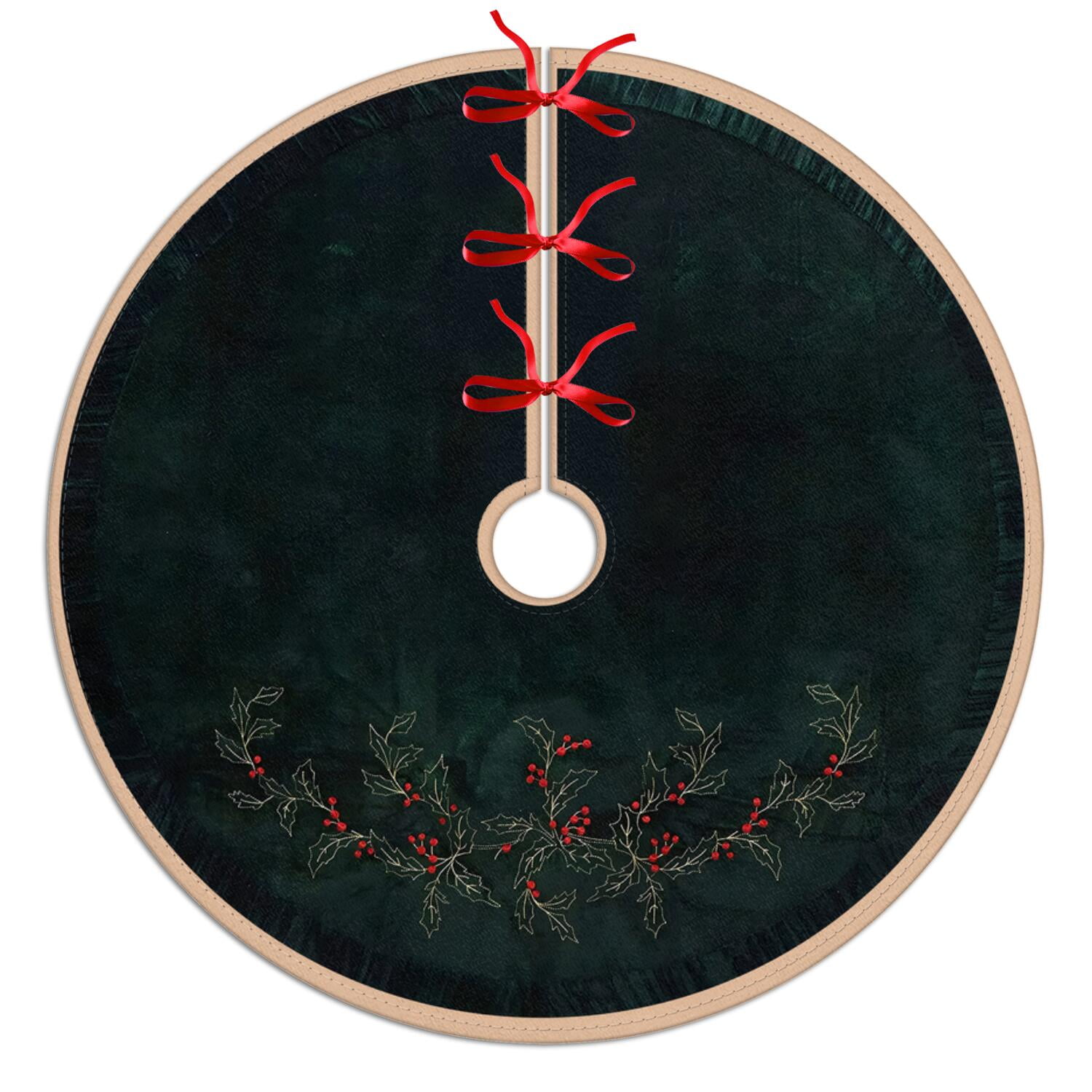Sem Holly Leaf Velvet Christmas Tree Skirt with Pleat Velvet Border (Dark Green 48in)